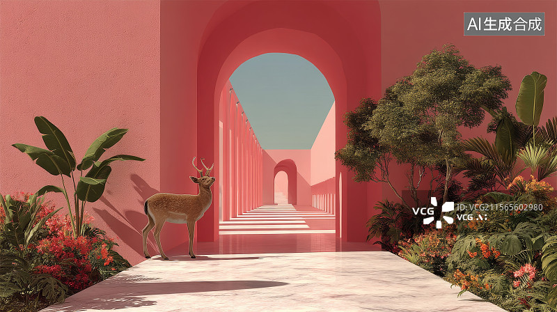 【AI数字艺术】粉红建筑与鹿的伊甸园图片素材