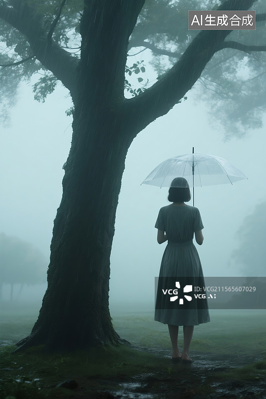 【AI数字艺术】雨天，一棵大树下，一个女人撑一把透明雨伞，半身背影特写图片素材