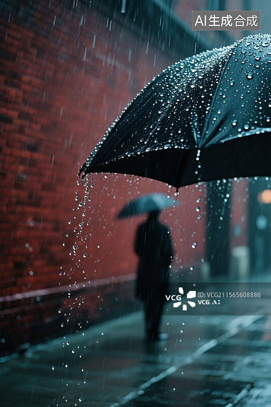 【AI数字艺术】雨中孤影特写镜头，黑伞边缘雨滴连成银线，暗红砖墙与青灰路面形成冷暖对比图片素材