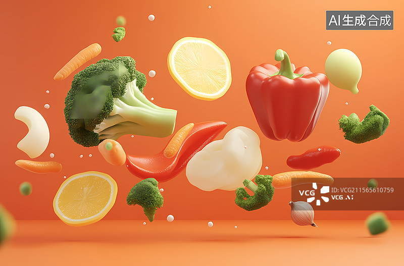 【AI数字艺术】空中飞舞的彩色蔬果图片素材