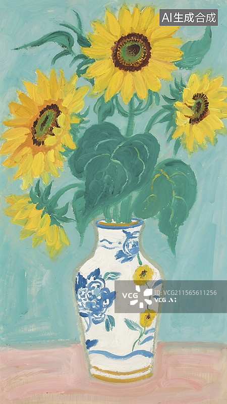 【AI数字艺术】国画花瓶中的向日葵图片素材