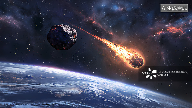 【AI数字艺术】太空中两颗陨石逼近蓝色地球图片素材
