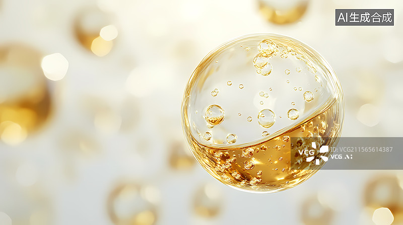 【AI数字艺术】金色液体球体与气泡图片素材