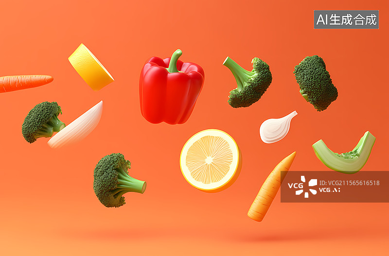 【AI数字艺术】空中飞舞的彩色蔬果图片素材