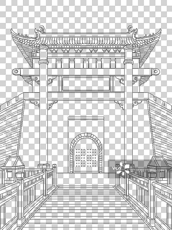 手绘古代城墙城门线稿免抠元素图片素材