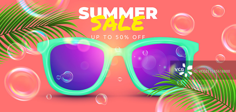 太阳镜横幅 50% 折扣 粉彩色 棕榈树图片素材