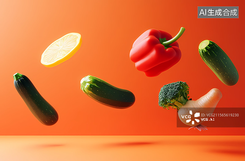 【AI数字艺术】空中飞舞的彩色蔬果图片素材