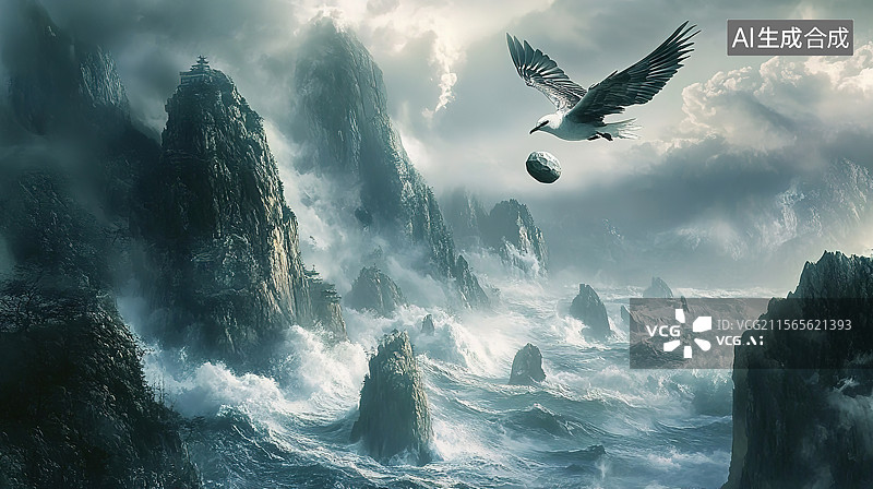 【AI数字艺术】精卫填海主题插画图片素材