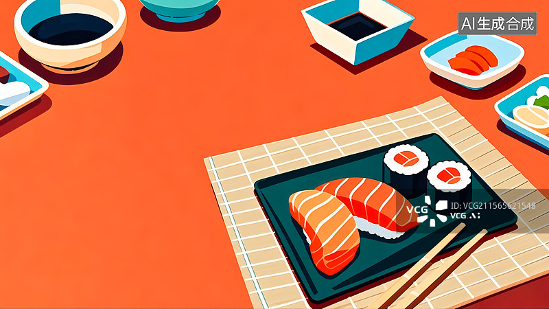 【AI数字艺术】三文鱼寿司美食插画图片素材
