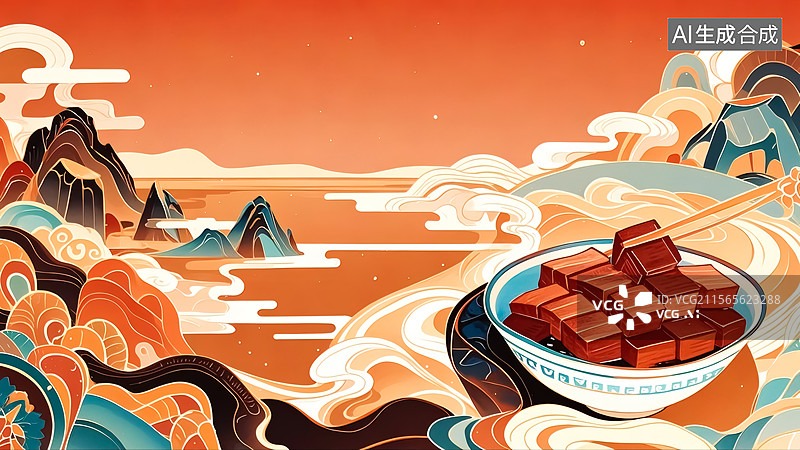 【AI数字艺术】2D卡通右下红烧肉插画图片素材