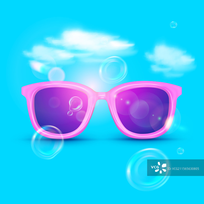 蓝色背景上的粉色太阳镜，紫色镜片图片素材