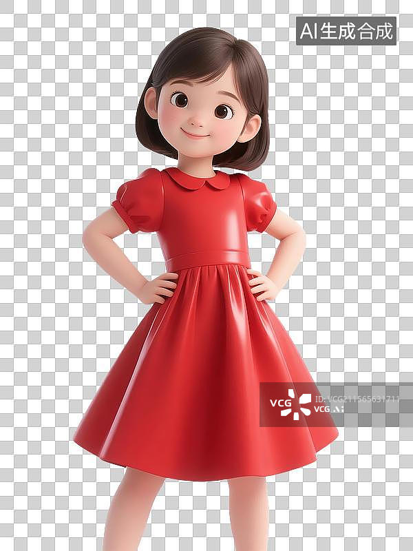 【AI数字艺术】穿红色连衣裙的卡通女孩双手叉腰微笑图片素材