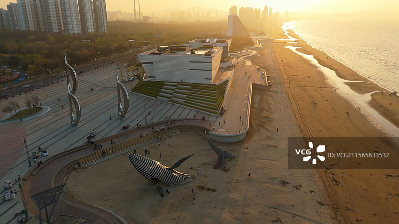 航拍山东烟台旅游景点孤独的鲸雕塑鲸落大海海岸线游人游客人流城市滨海建筑风景图片素材