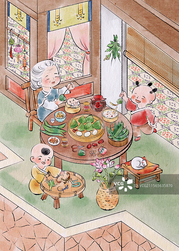 端午节包粽子国风场景插画图片素材