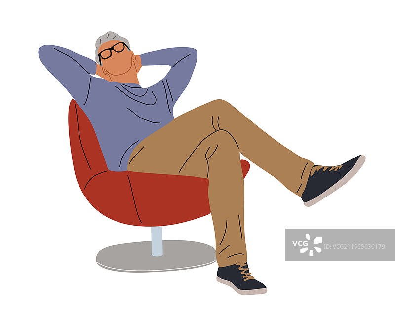 放松的老年男子坐在红色椅子上图片素材