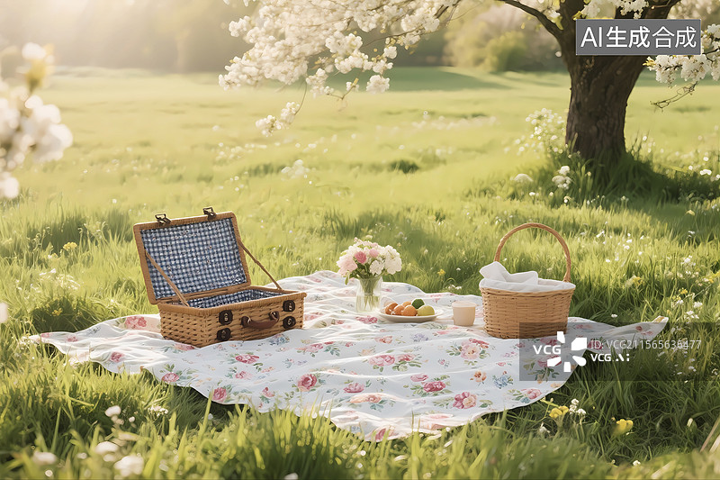 【AI数字艺术】公园野餐桌布清新户外场景图片素材