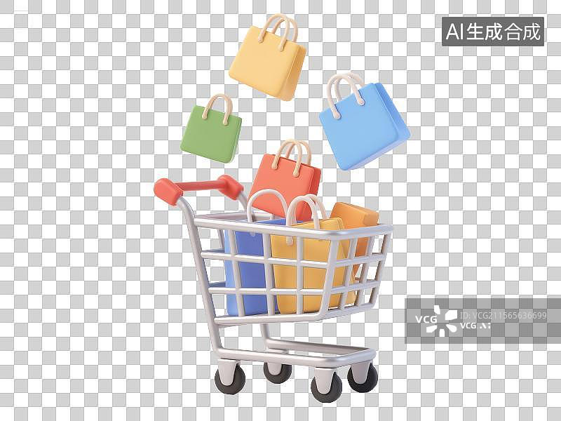 【AI数字艺术】购物车和购物袋，3D三维图形免抠元素图片素材