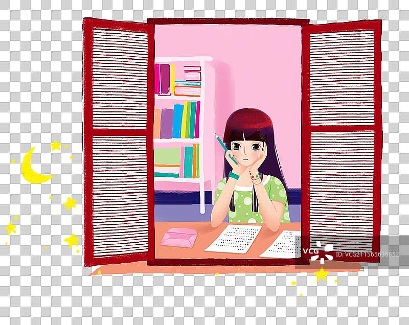 免抠图形 PNG人物插画 双手撑着下巴观看窗外的女孩图片素材