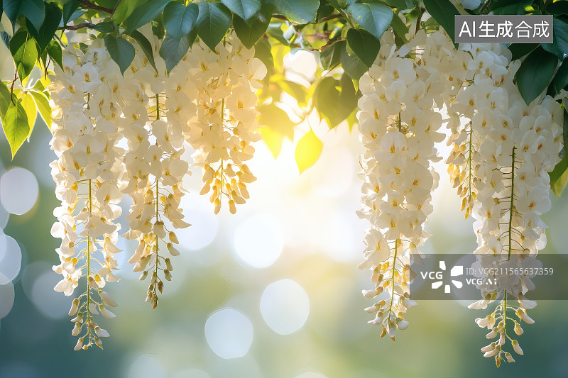 【AI数字艺术】清晨，阳光照射在槐花树上图片素材