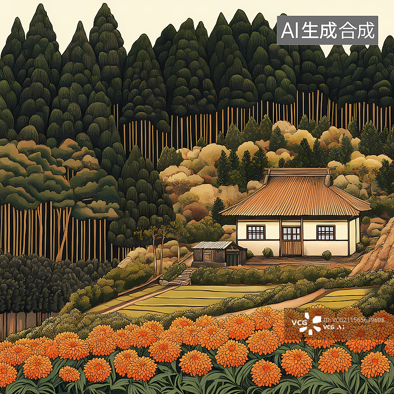 【AI数字艺术】宁静的山村与盛开的鲜花图片素材