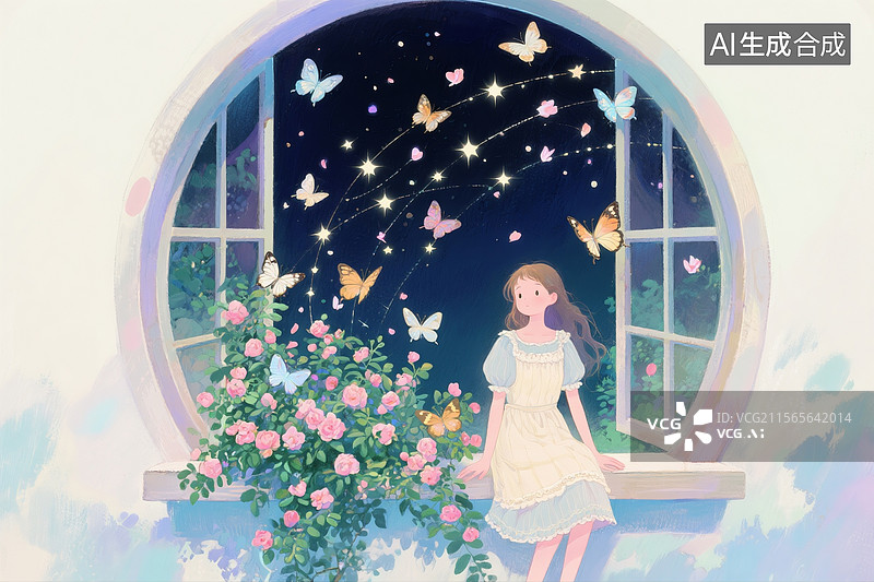 【AI数字艺术】童话风圆窗透视构图，女孩棉布裙压着窗台野蔷薇，蝴蝶群拖曳光点轨迹图片素材