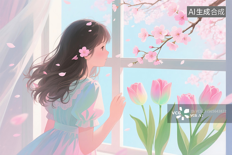 【AI数字艺术】春日插画，窗景特写，女孩发丝粘着樱花瓣，窗外枝头绽放渐变色郁金香，图片素材