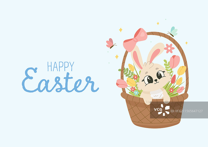 一个可爱的复活节兔子坐在编织的篮子里图片素材