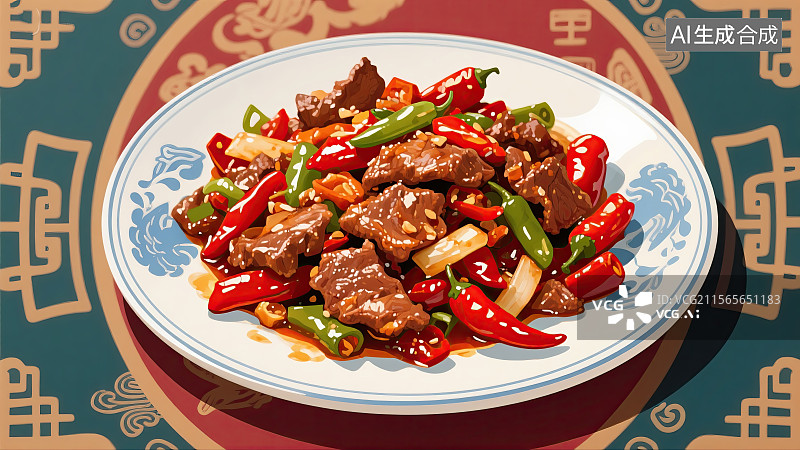 【AI数字艺术】辣椒炒肉，中华美食，中华文化，膳食，插画图片素材