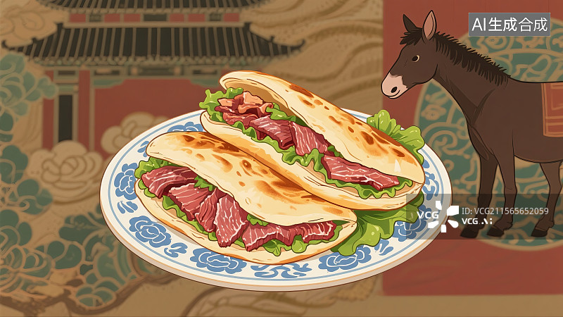 【AI数字艺术】中华美食，驴肉火烧，美味，食品，插画图片素材