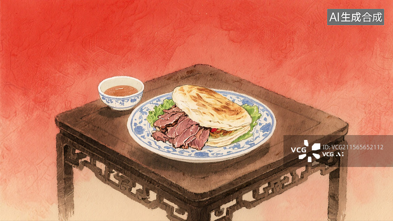 【AI数字艺术】中华美食，驴肉火烧，美味，食品，插画图片素材