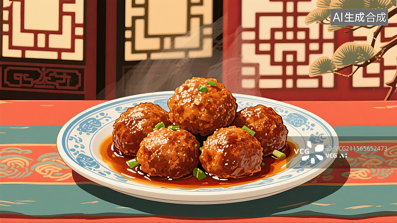 【AI数字艺术】四喜丸子，中华美食，食品，健康食物，插画图片素材