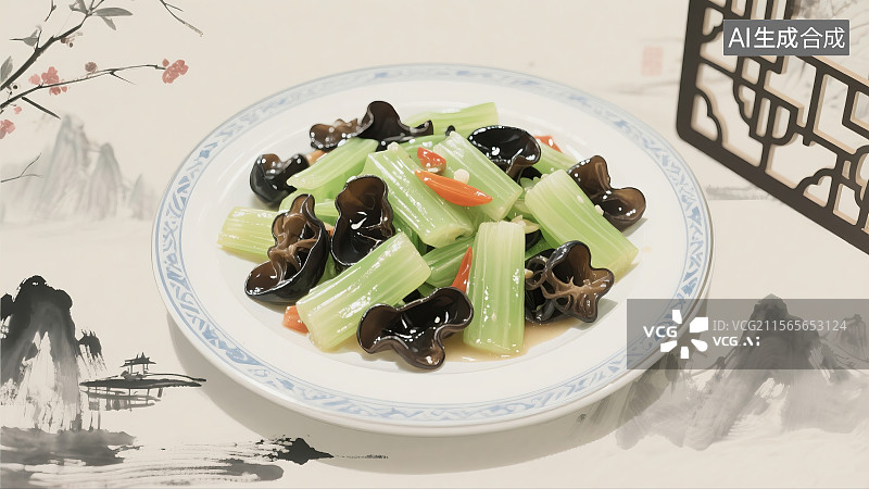 【AI数字艺术】莴笋炒木耳，中华美食，传统文化，健康食物，插画图片素材