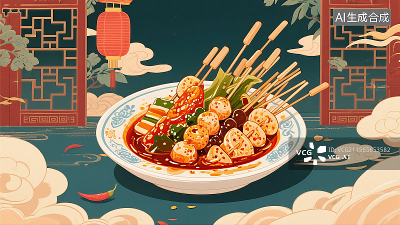 【AI数字艺术】中华美食，麻辣烫，钵钵鸡，串串，插画图片素材