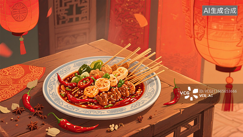 【AI数字艺术】中华美食，麻辣烫，钵钵鸡，串串，插画图片素材