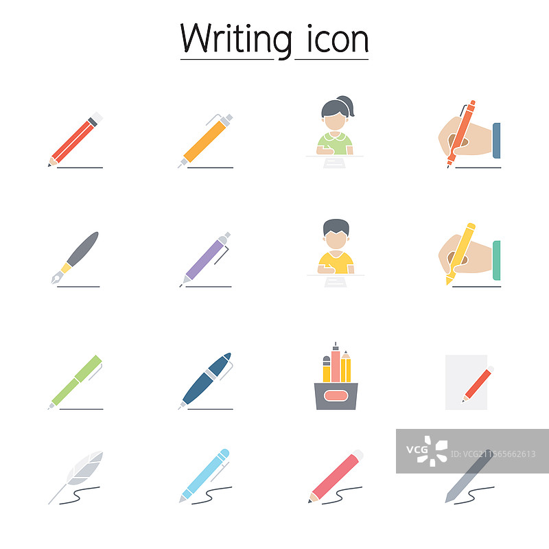 扁平色彩风格的写作图标集图片素材