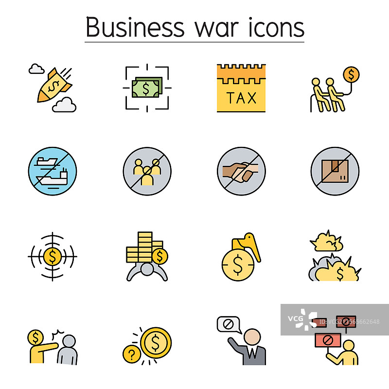 抵制、商业、战争、制裁图标彩色套装图片素材