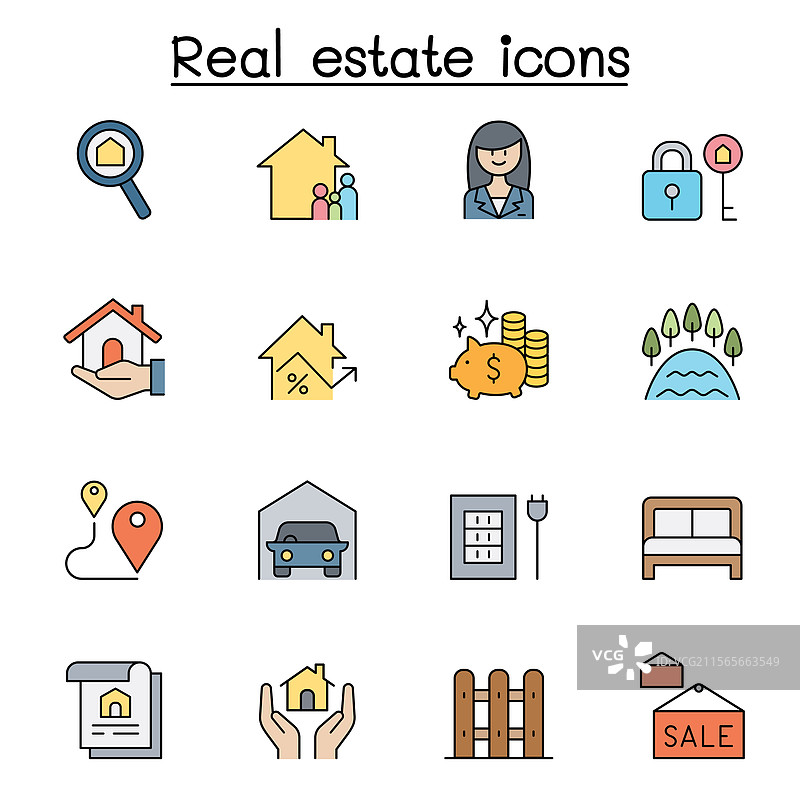 彩色线条风格的房地产图标集图片素材