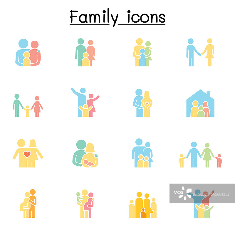 平面色彩风格的家庭图标集图片素材