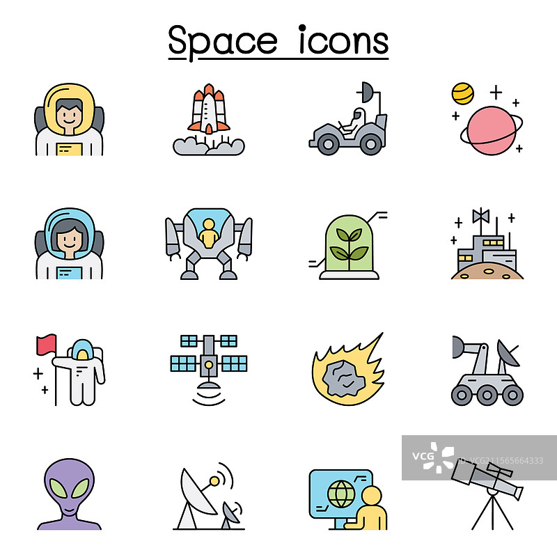 彩色线条风格的太空图标集图片素材
