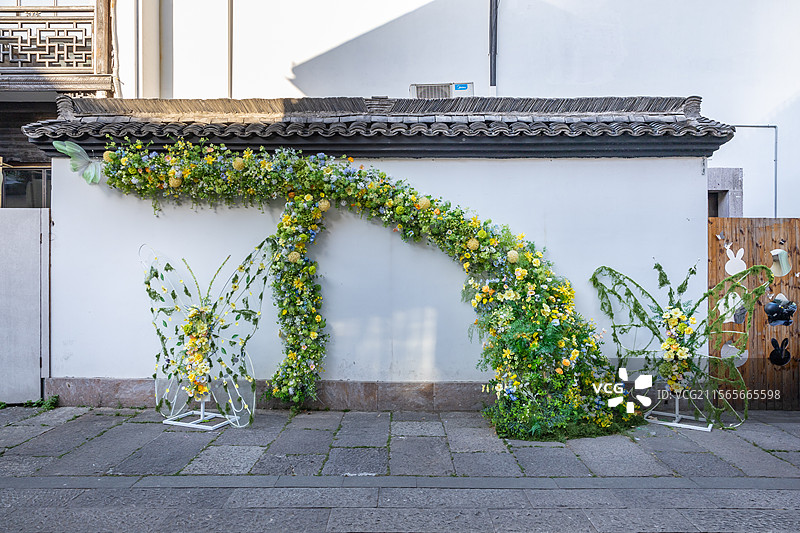白墙前的鲜花造型设计图片素材