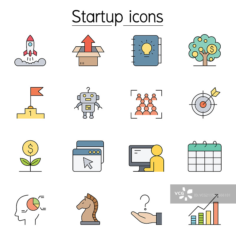 彩色线条风格的创业图标集图片素材