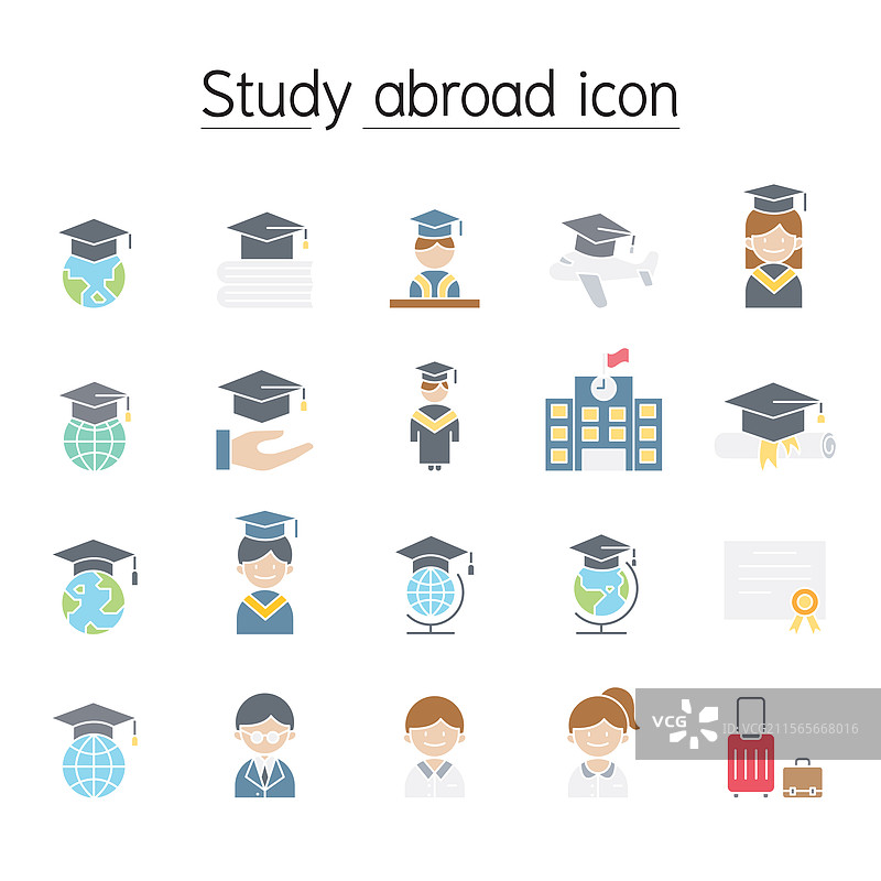 留学图标集 平面色彩风格图片素材