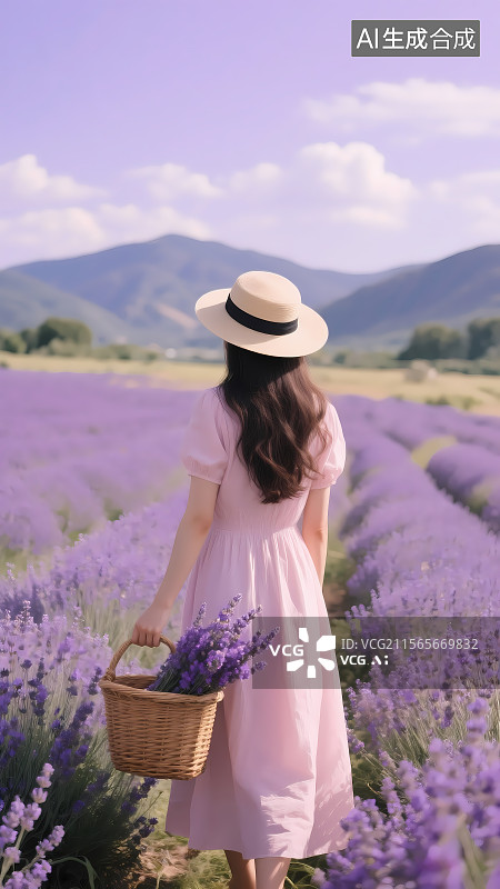 【AI数字艺术】薰衣草花田 女孩采摘紫色薰衣草 海报壁纸素材图片素材
