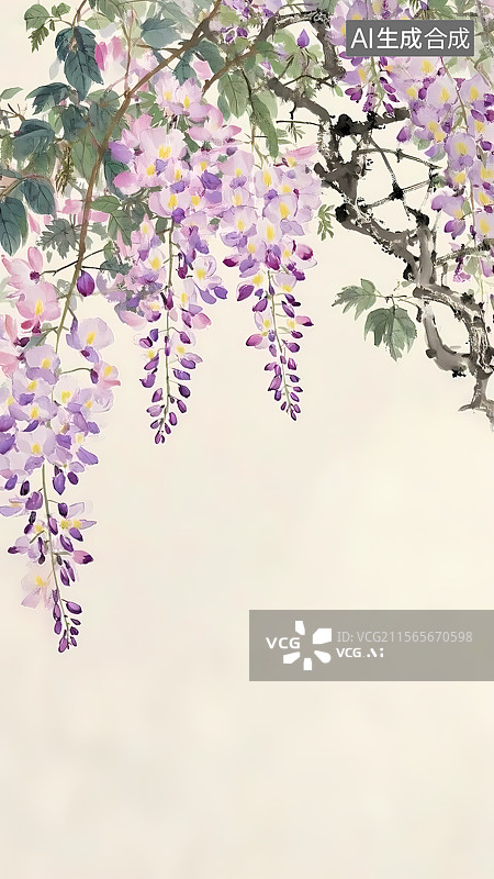 【AI数字艺术】紫藤花 水彩国画 海报设计 留白背景 极简 小满 谷雨图片素材