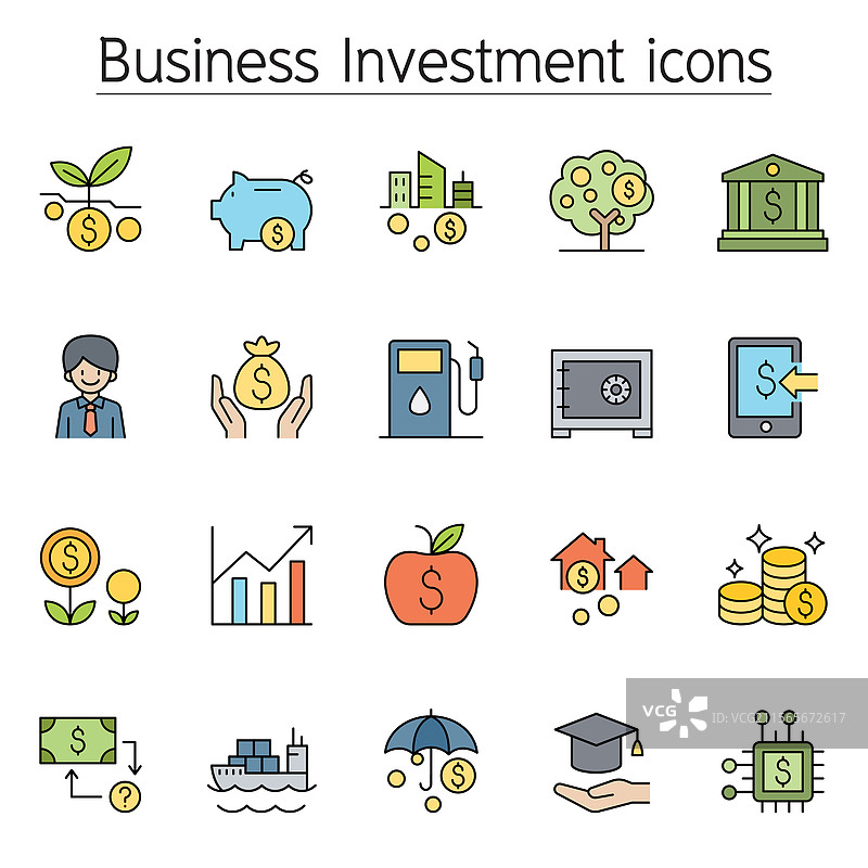 彩色线条风格的商业投资图标集图片素材