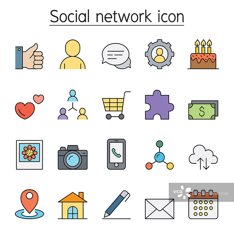 彩色线条风格的社交网络图标集图片素材