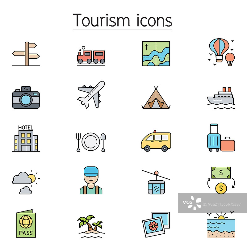 彩色线条风格的旅游图标集图片素材