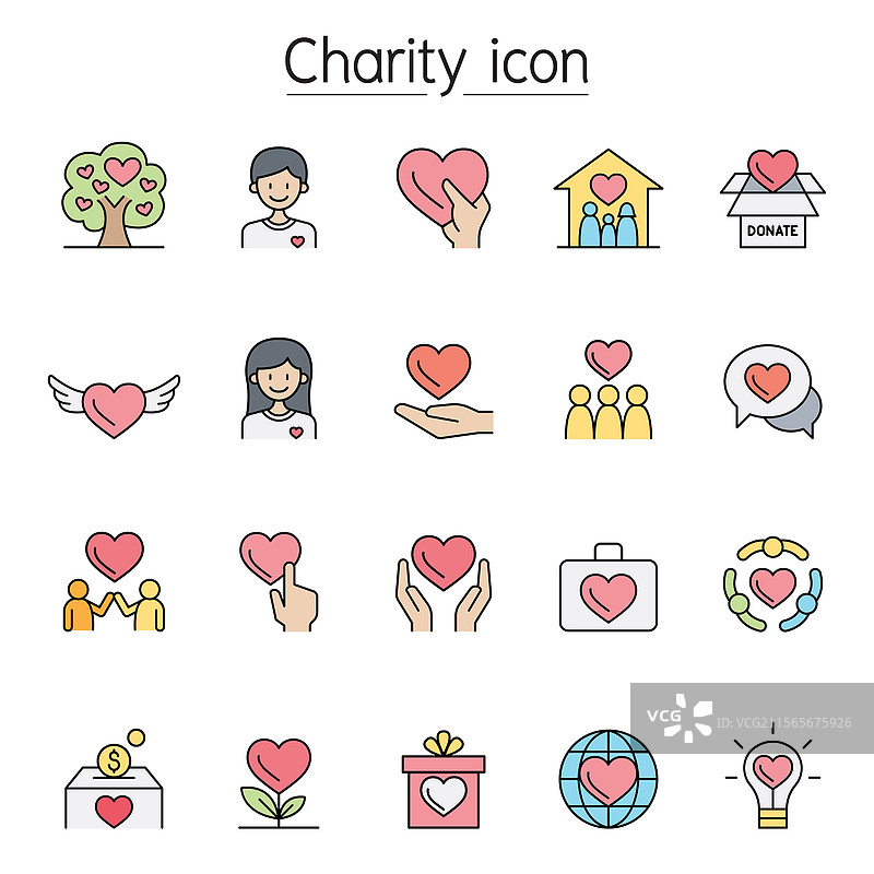 彩色线条风格的慈善与捐赠图标集图片素材