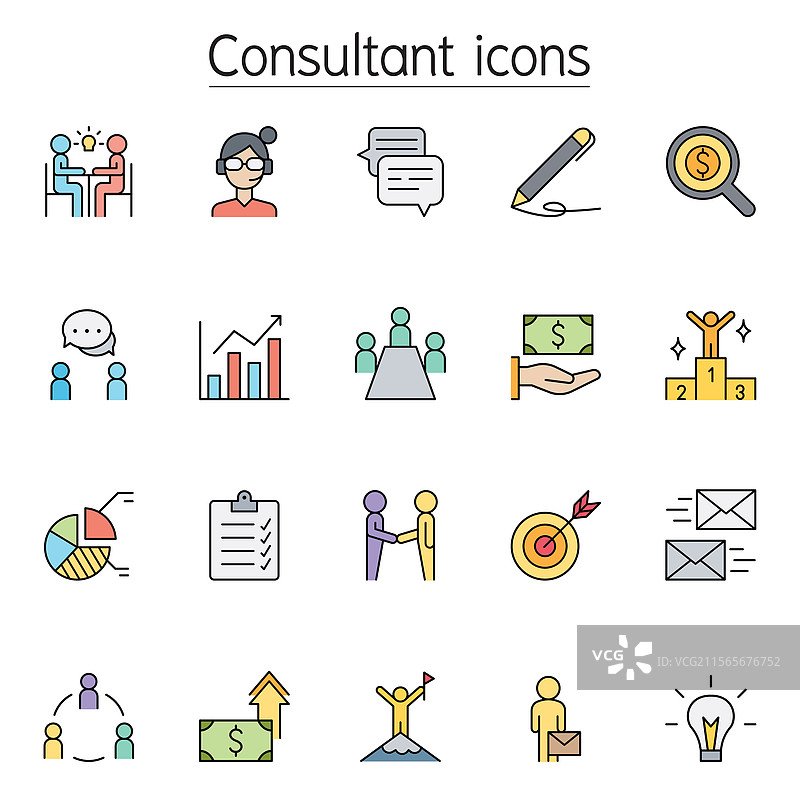 彩色线条风格的商业咨询图标集图片素材
