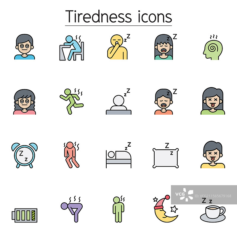 疲惫和困倦图标集，采用彩色线条风格图片素材